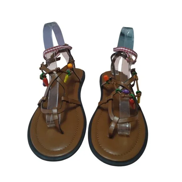 Zara Women’s Size 39 Brown Flat Thong Sandals Strappy Charms Boho Travel  Hippie - Picture 2 of 8